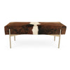 Brown And White Upholstered Cowhide Aria Bench In Satin Brass Metal Finish Bench by Outpost Original