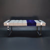 Channel Bench in White Leather and Blue Shearling