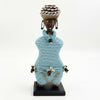 Aqua Blue Cowrie-hat African Namji doll 13 in — handmade Cameroon beaded figurine