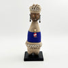 Cobalt Blue Cowrie-hat African Namji doll 13 in rounded — handmade Cameroon beaded figurine