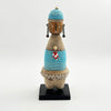 Aqua Blue Beaded-hat African Namji doll 13 in rounded — handmade Cameroon beaded figurine