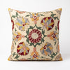 Suzani Pillow - Cream Floral Medallion, hand embroidered suzani face, front view